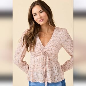 Pink Lily Ella Pink Floral Ruched V-neck Blouse